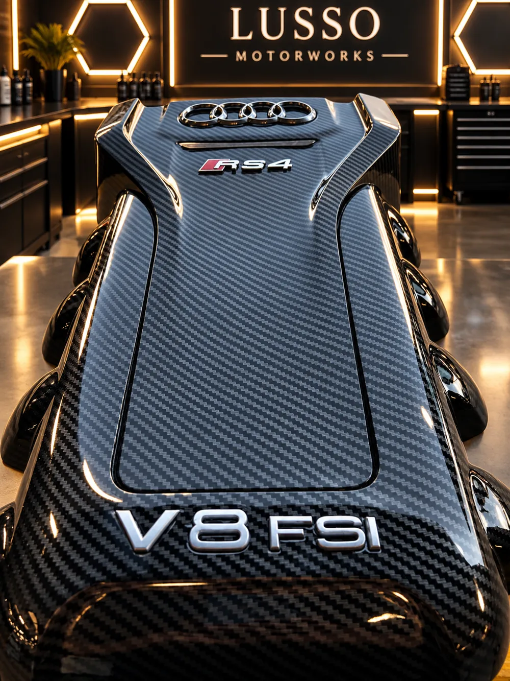 Carbon-fibre effect: V8 engine cover